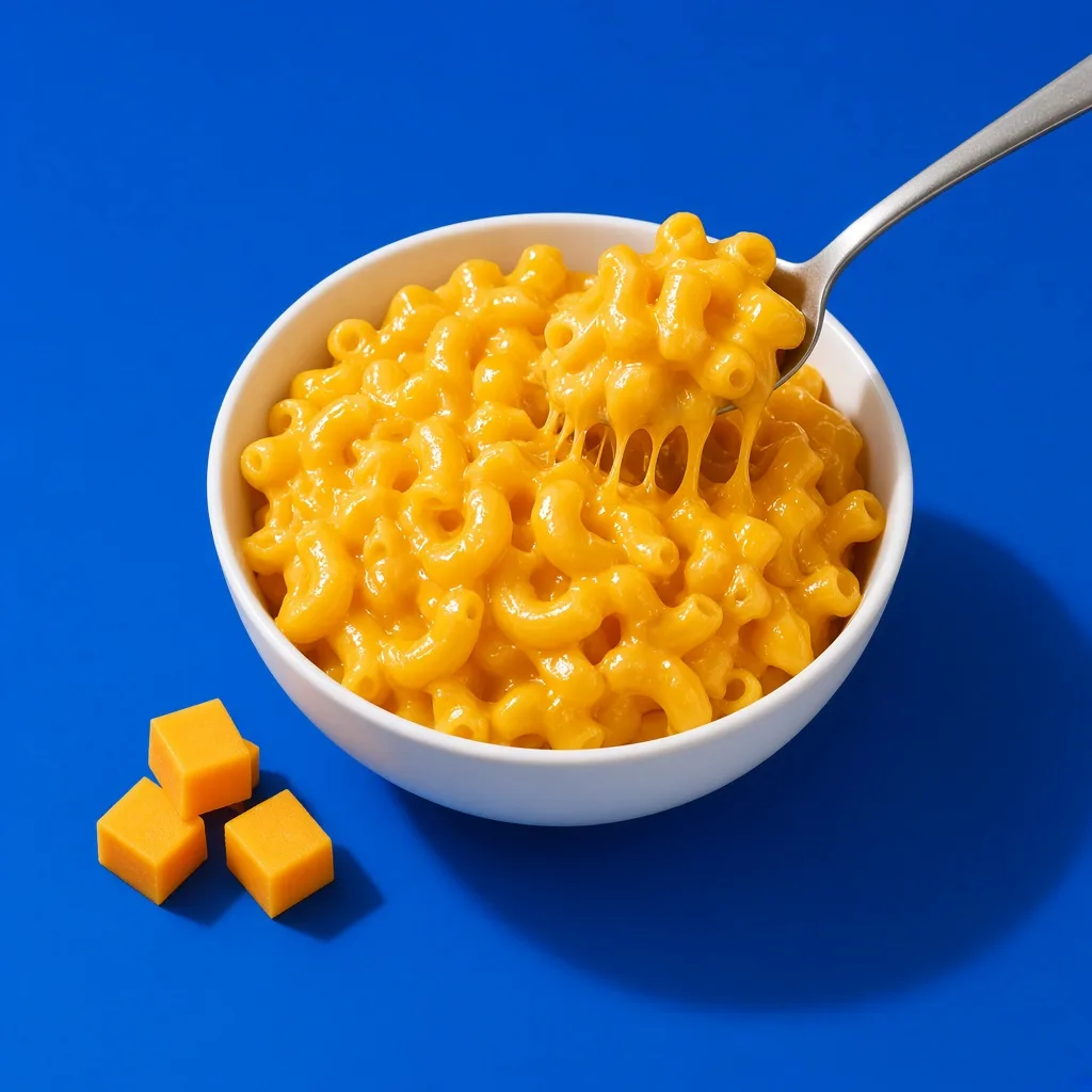 A bowl of creamy macaroni and cheddar with a spoon lifting a cheesy bite