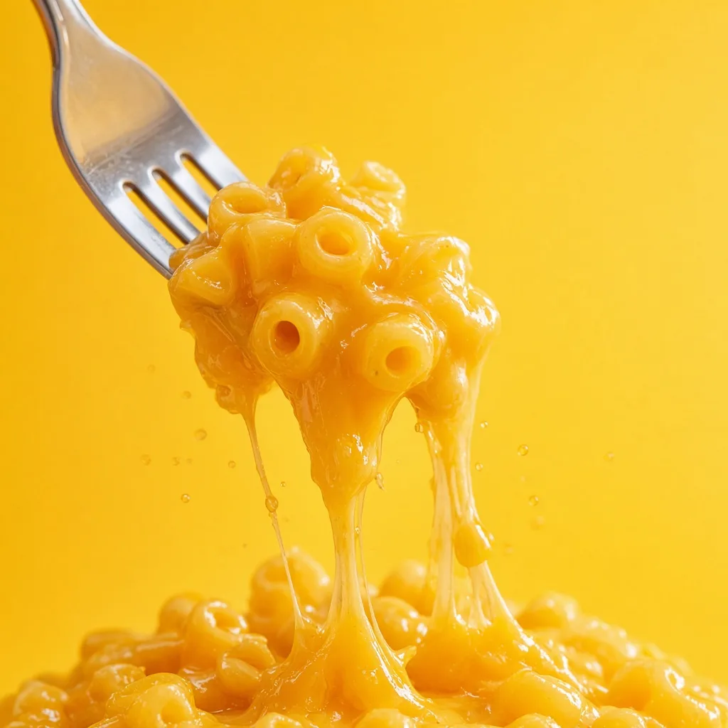 A forkful of macaroni with a long pull of cheddar sauce