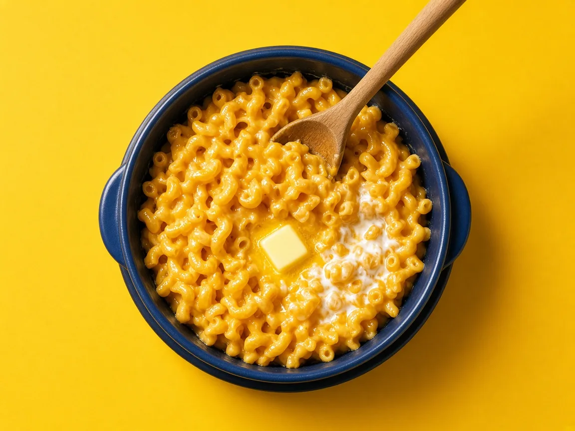 Macaroni and cheese being stirred in a blue saucepan with a pat of butter melting in