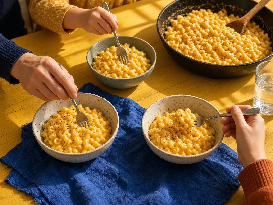 Bowls of mac and cheese being shared at a sunny kitchen table